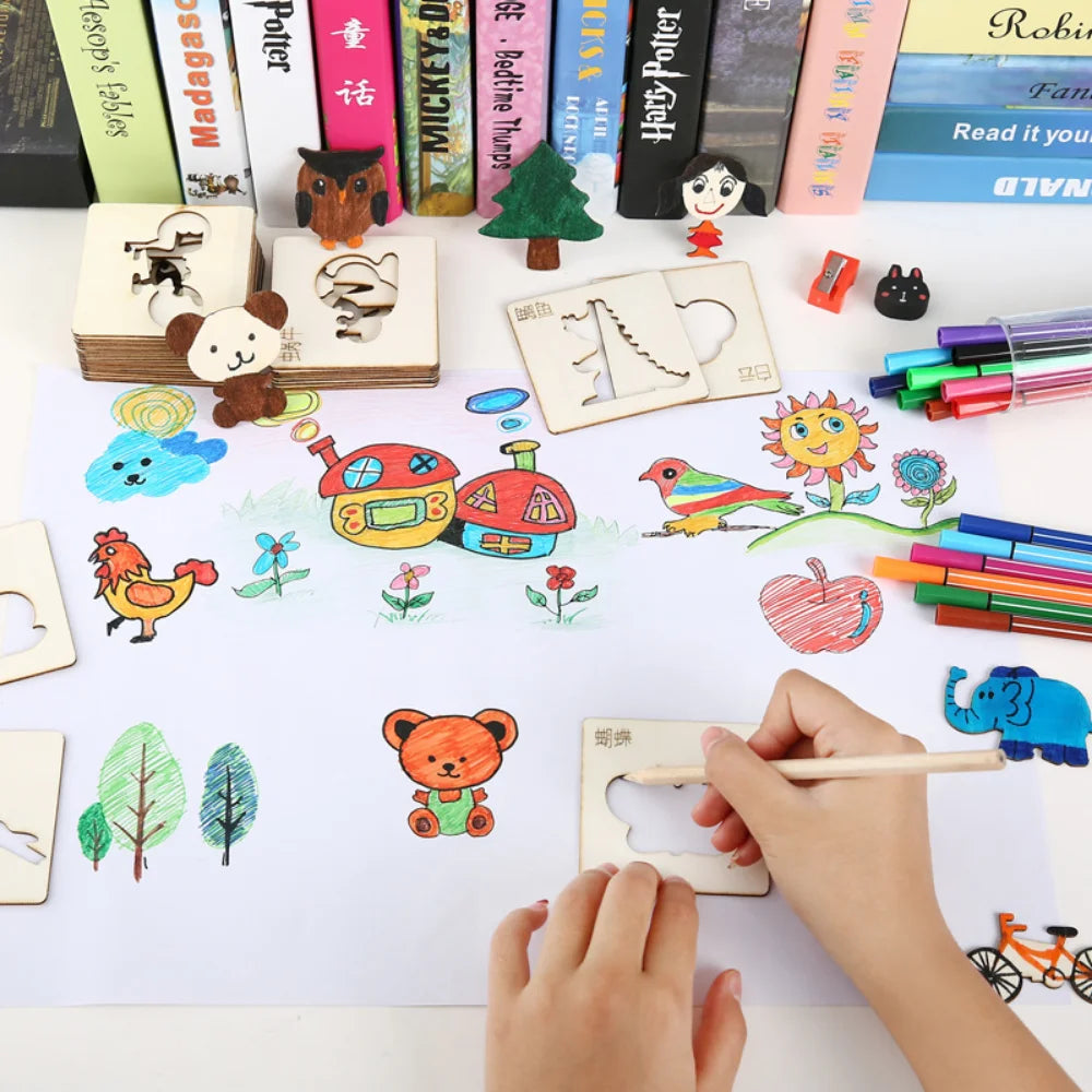 20pcs Kids Drawing Toys Wooden DIY Painting Template