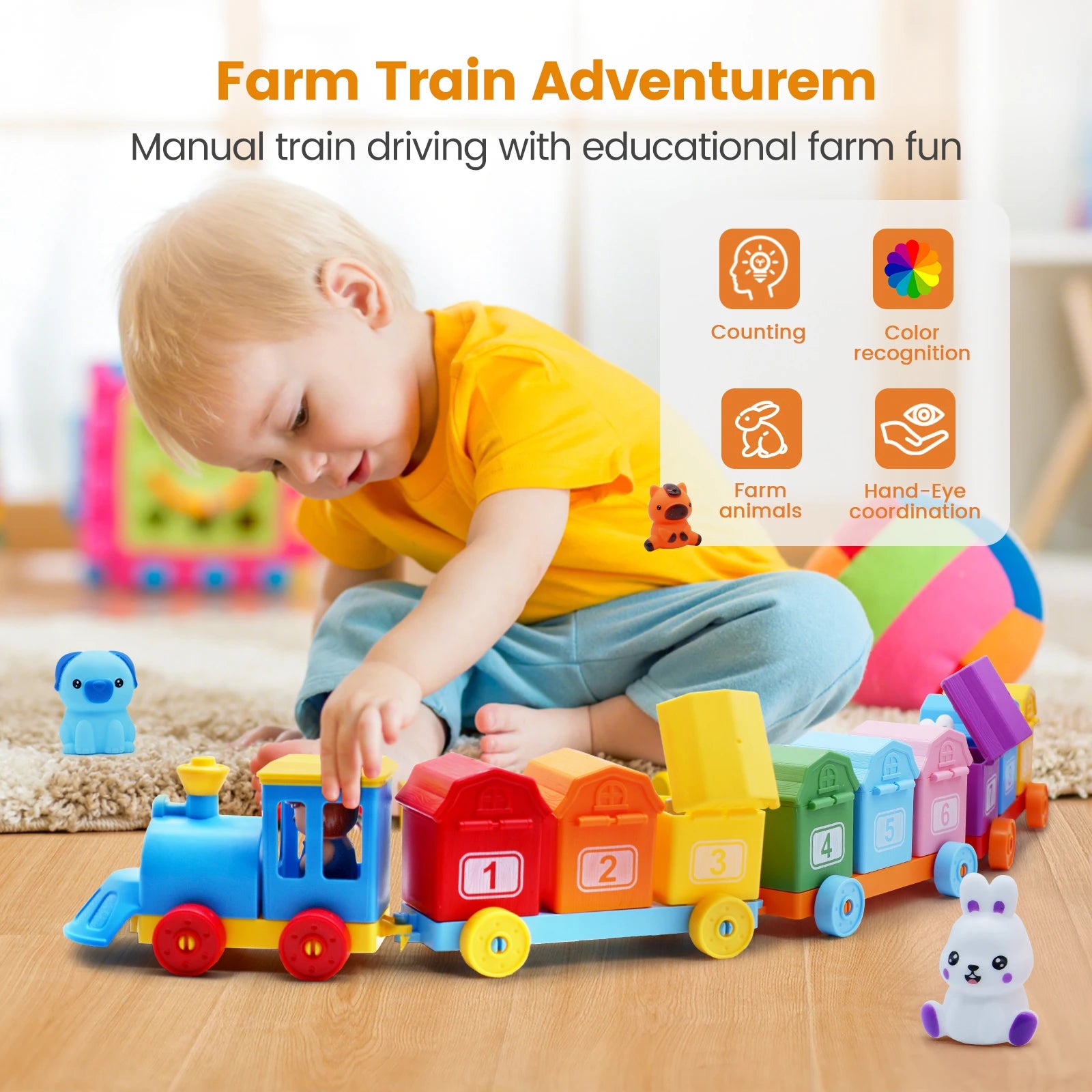 Farm Train/Surprise Party Set for Toddlers Learning Counting, Matching & Sorting Fine Motor Skills.