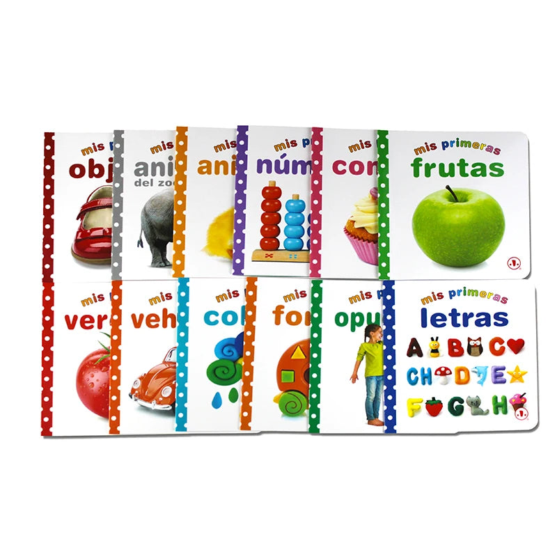 12Pcs/set Children Learning Picture Books in Spanish. Shape/Animal/Vegetable/Fruit/Color/ Words for Kids Book