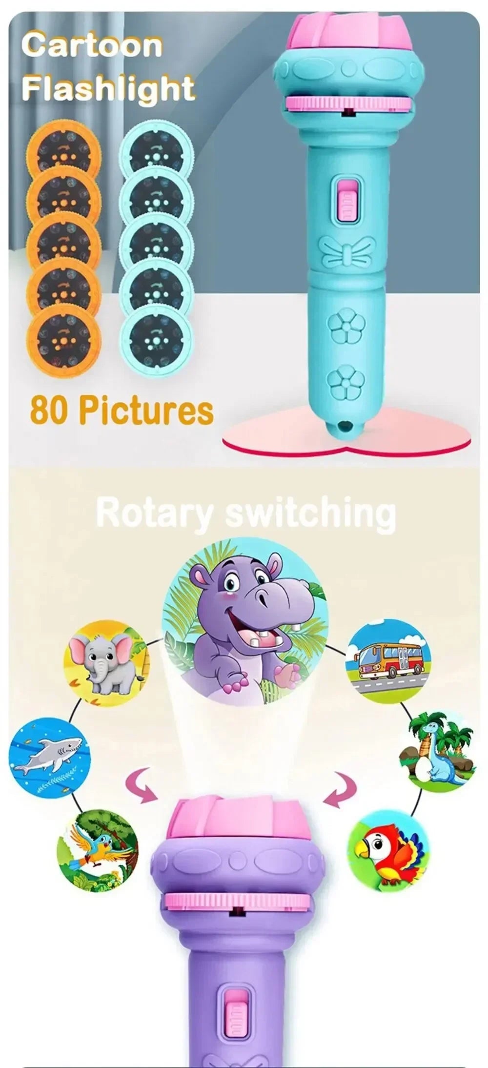 Flashlight with 10 Cards and 80 Image Cartoon Night Light Projector