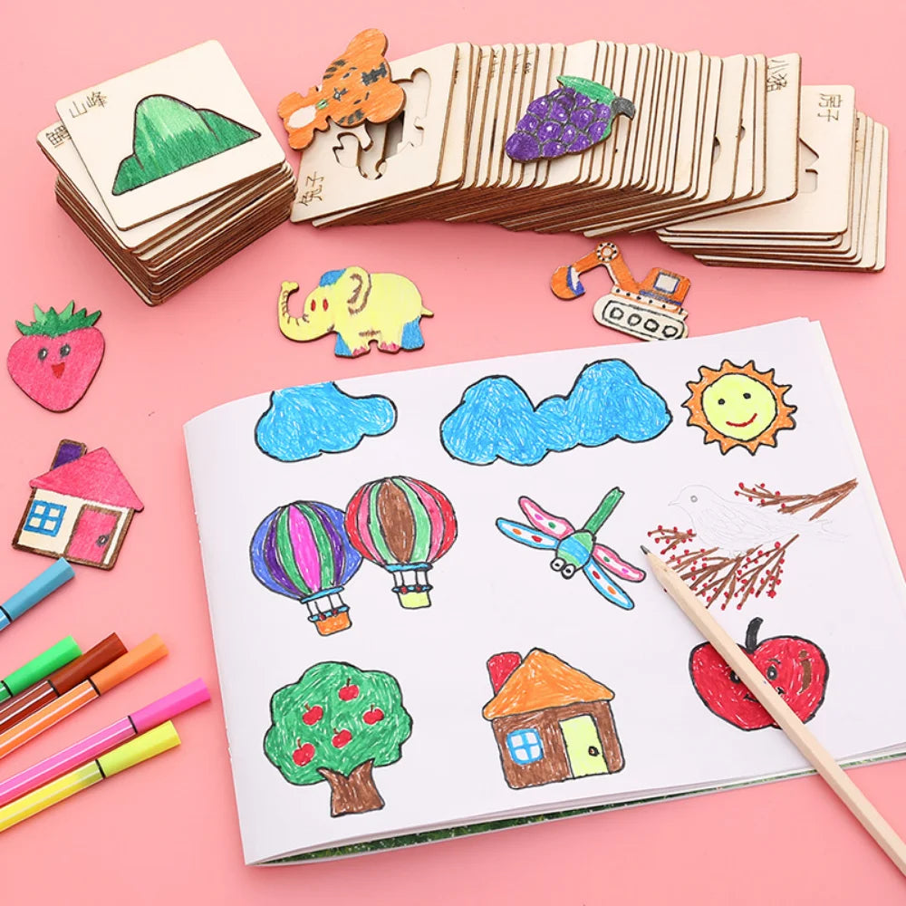 20pcs Kids Drawing Toys Wooden DIY Painting Template