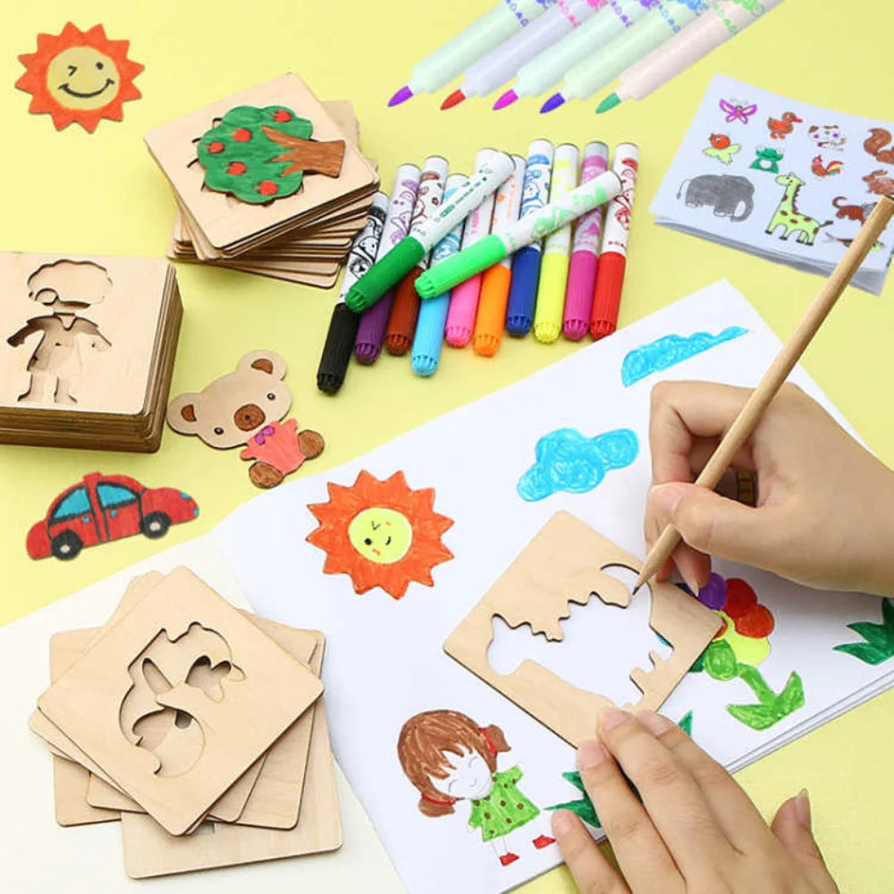 20pcs Kids Drawing Toys Wooden DIY Painting Template