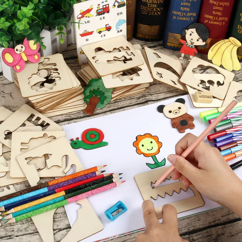 20pcs Kids Drawing Toys Wooden DIY Painting Template