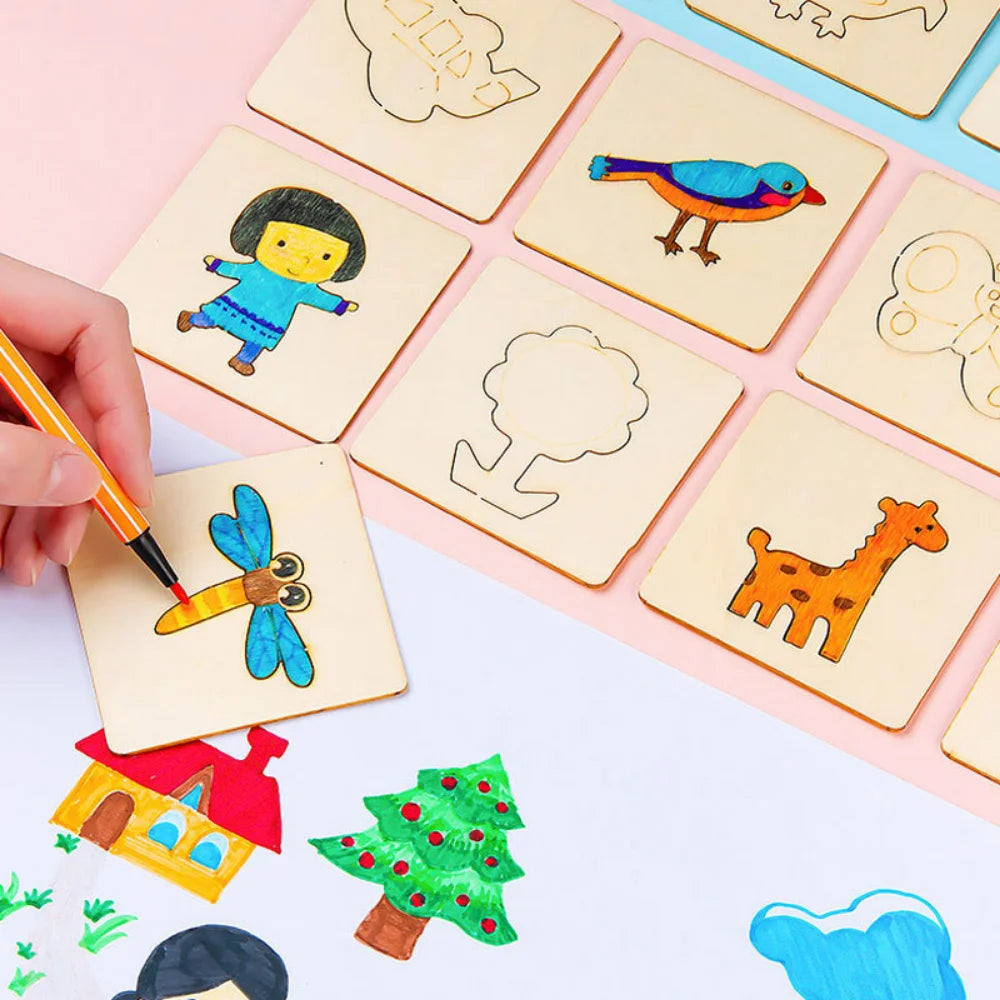 20pcs Kids Drawing Toys Wooden DIY Painting Template