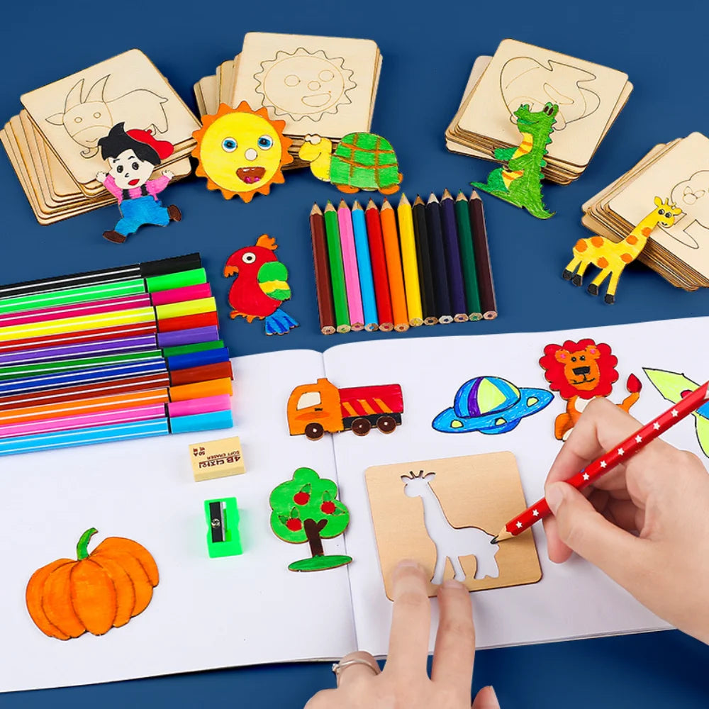 20pcs Kids Drawing Toys Wooden DIY Painting Template